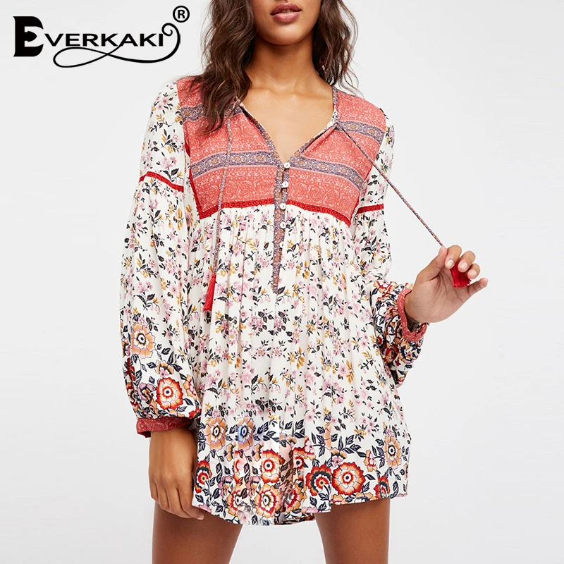 Женское мини платье с принтом Everkaki свободное винтажное короткое v образным