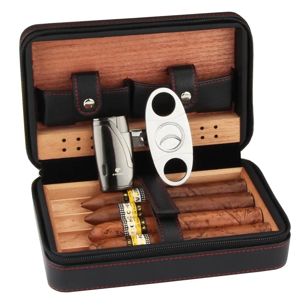 COHIBA, кедровое дерево, хьюмидор для сигар, портативный кожаный чехол коробка для сигар с зажигалкой, резак, увлажнитель, коробка для увлажнения - Цвет: Sliver lighter