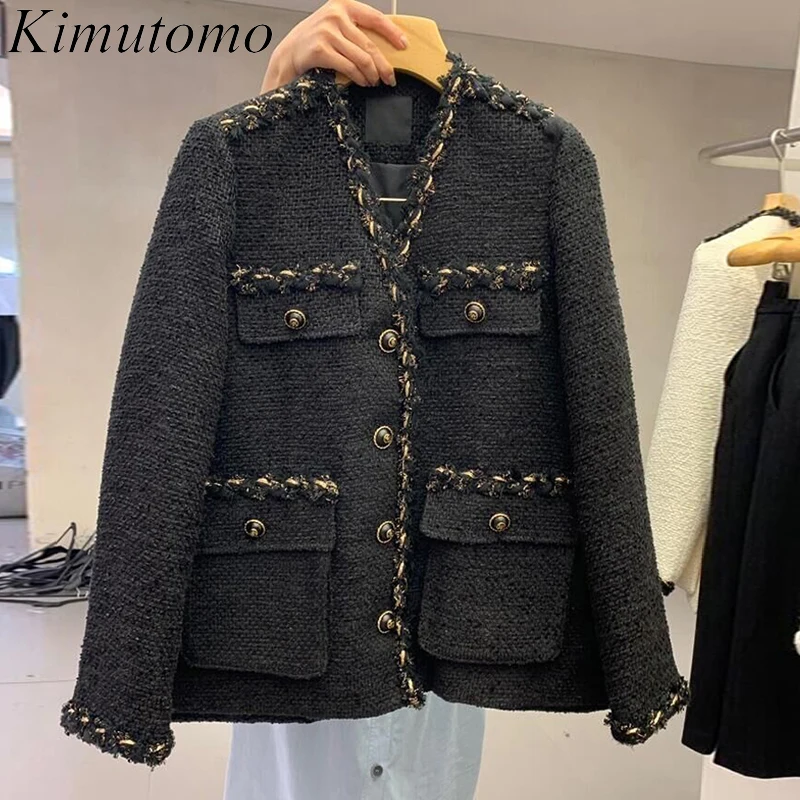 

Kimutomo шикарное нежное Женское пальто осень-зима Новая Элегантная Модная винтажная свободная твидовая куртка с V-образным вырезом и одной гру...