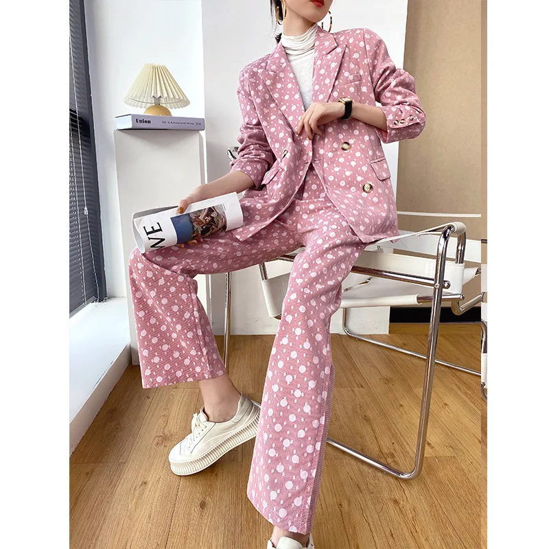 

TVVOVVIN Casual Two-piece Set 2021 New Spring Fashion Print Lapel Double Breasted Coat Straight Women Pants F136