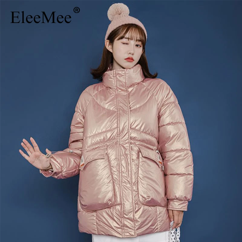 

EleeMee зимняя теплая куртка для женщин глянцевая на молнии с глубоким карманом свободные парки пуховое хлопковое пальто Женская мода размер ...