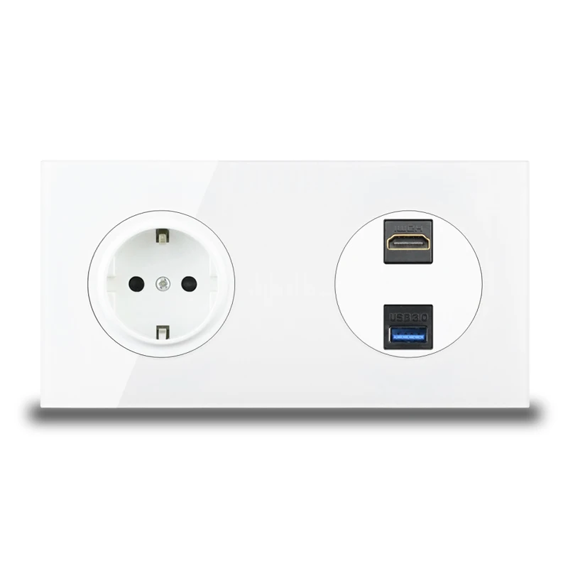 Евророзетка с разъемом HDMI USB 3,0, разъем для передачи данных, настенная розетка для компьютера, ПК, телевизора, ТВ, белая стеклянная рамка, Испания розетки