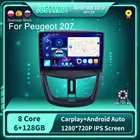 Мультимедийная магнитола для Peugeot, мультимедийная стереосистема на Android 207, 2006-2016, с Wi-Fi, GPS, DVD, DSP, Carplay, 6G, 128G, разъем 2 din