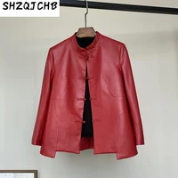 shzq leather jacket womens short sheep skin jacket 2021 new spring and autumn personalized chinese style