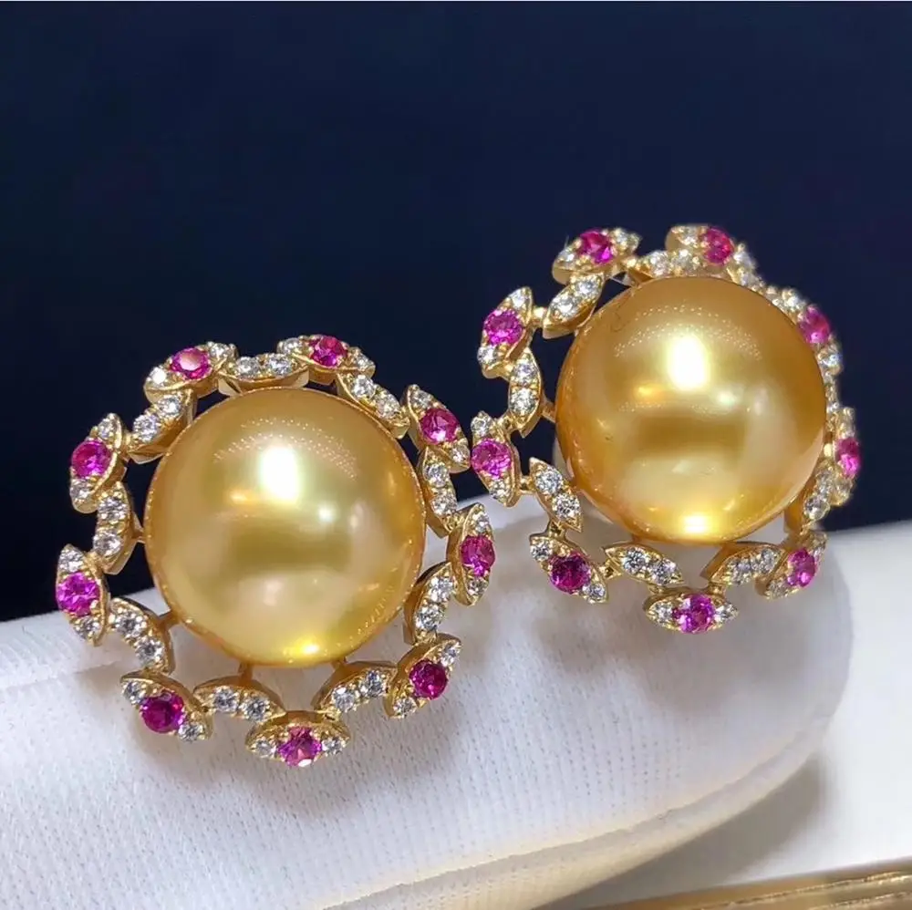 D215 Fine Jewelry Pure 14 K Gold Natural Ocean Golden Pearls 11-10mm Stud Earrings for Women Pearl | Украшения и аксессуары