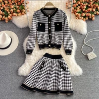 houndstooth vintage two piece sets outfits women autumn cardigan tops and mini skirt suits elegant ladies fashion 2 piece sets