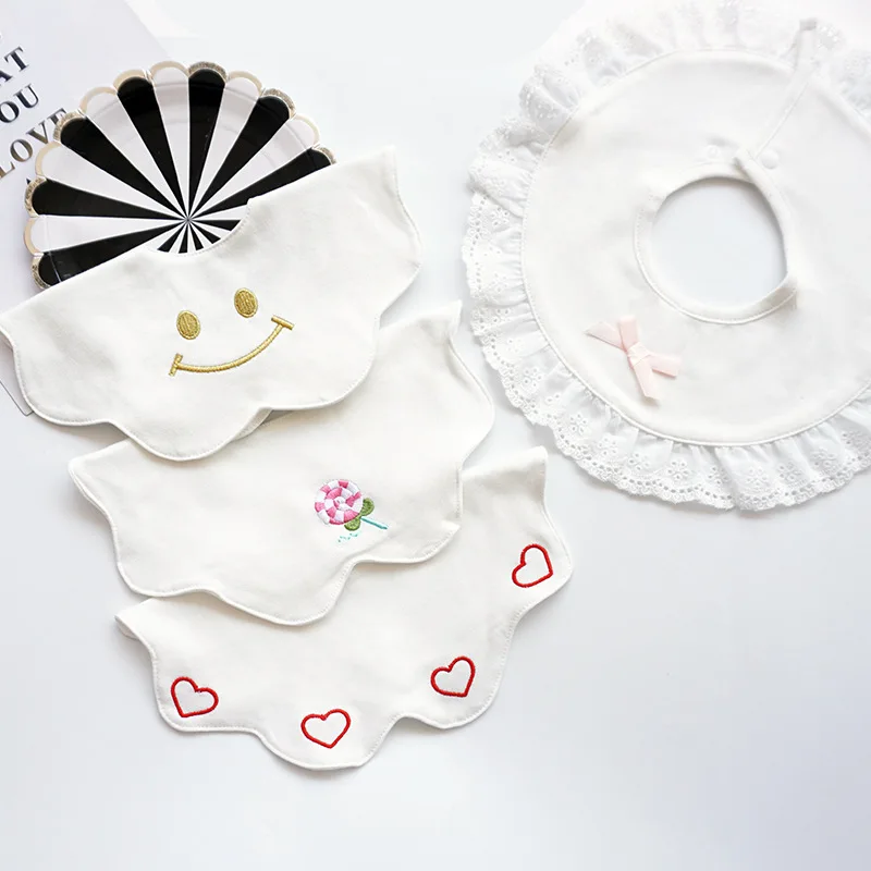 Babero Circular de algod&oacute;n para beb&eacute;, toalla de Saliva 360, suministros para madres y ni&ntilde;os, Baberos de alimentaci&oacute;n para beb&eacute;, pa&ntilde;os de eructo con lazo bordado de encaje de algod&oacute;n-1