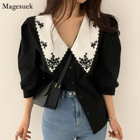 elegant white floral embroidery women shirts vintage blusas mujer de moda 2021 korean chic puff sleeve blouse clothes tops 14223