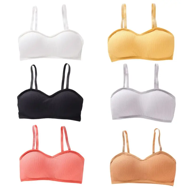 Japanese Women Girls Ribbed Knit Sport Bralette Bright Candy Color Basic Underwear Spaghetti Strap Sponge Padded Cotton Crop Top