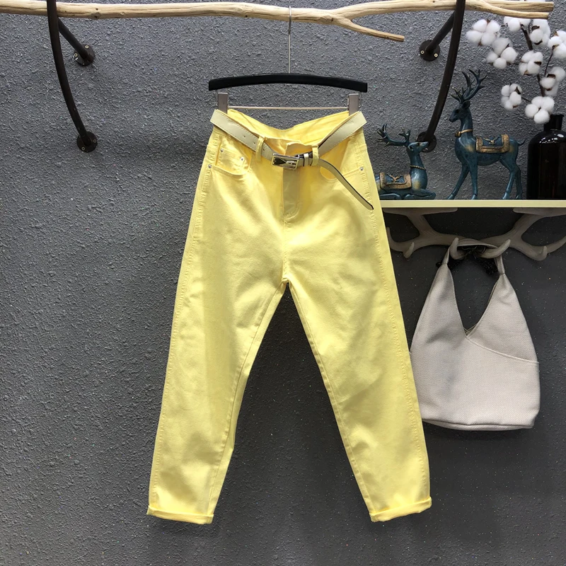 

Creamy Yellow Carrot Jeans Women 2021 New Summer All-match High Waist Harem Denim Pants Pure Color Female Casual Trousers