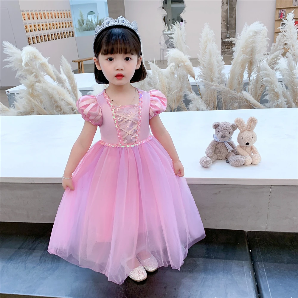 С милым принтом Рапунцель для девочек маскарадный карнавальный костюм принцессы