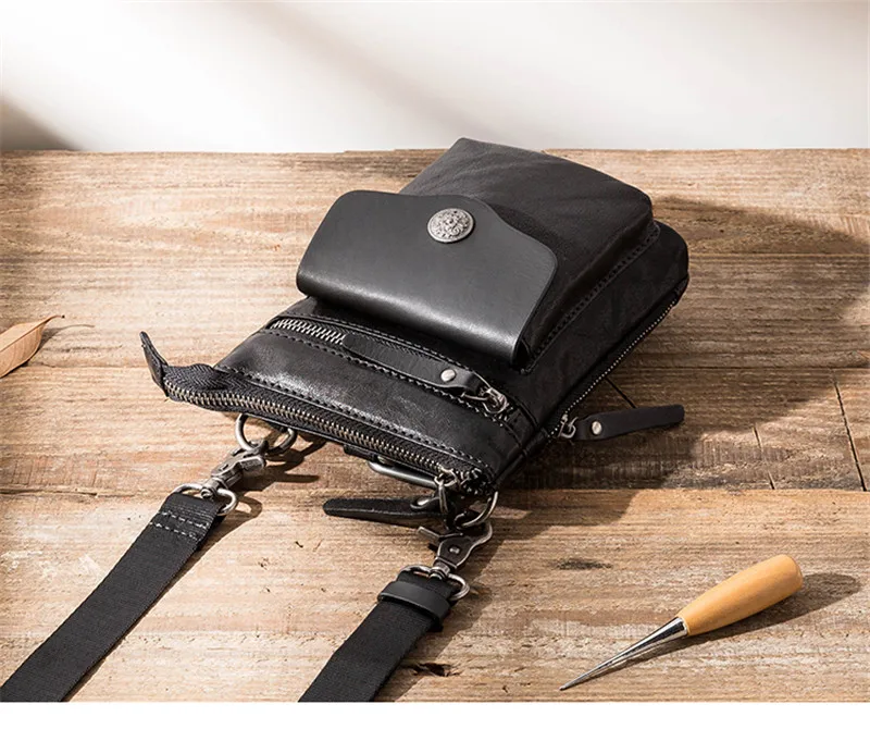 Retro fashion natural genuine leather men's black mini mobile phone bag daily outdoor key wallet single shoulder messenger bag