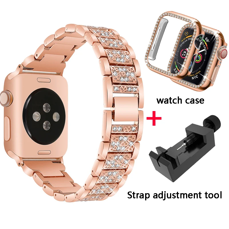 

For Apple Watch Band 42mm 38mm 40mm 44mm Women Diamond Band Strap+Case For iWatch SE Series 6 5 4 3 2 1 Stainless Steel Bracelet