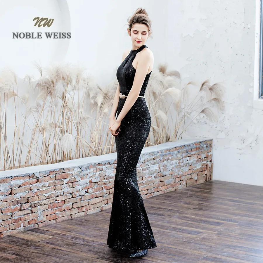 Вечерние платья Длинное Черное женское платье с лямкой на шее вечернее