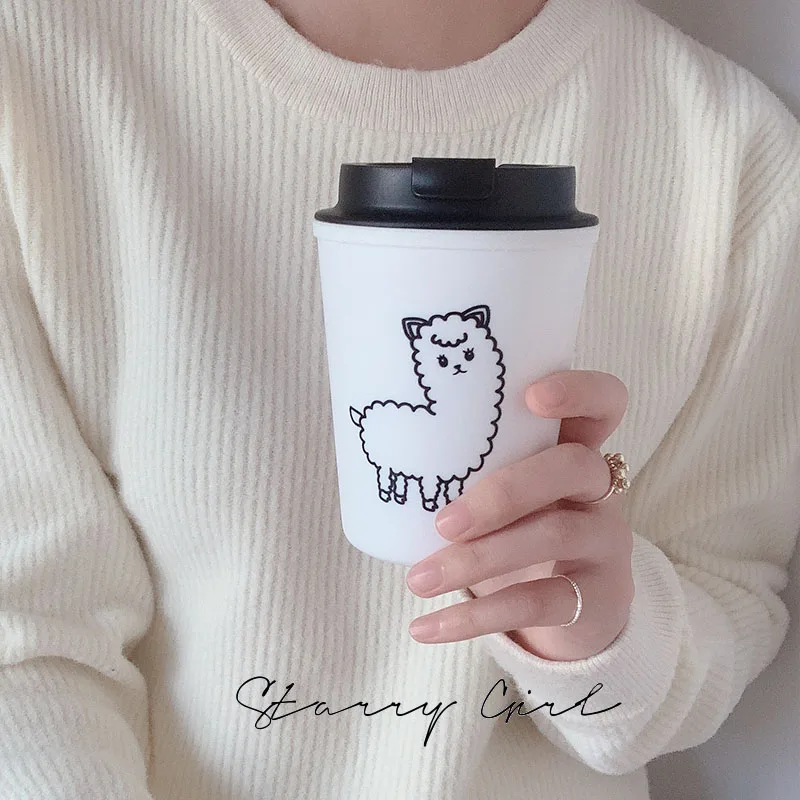 

Portable Travel Coffee Mug With Lid Funny Personalized Mini Cartoon Alpaca Printed Couple Vasos De Vidrio Strring Cup E5BL