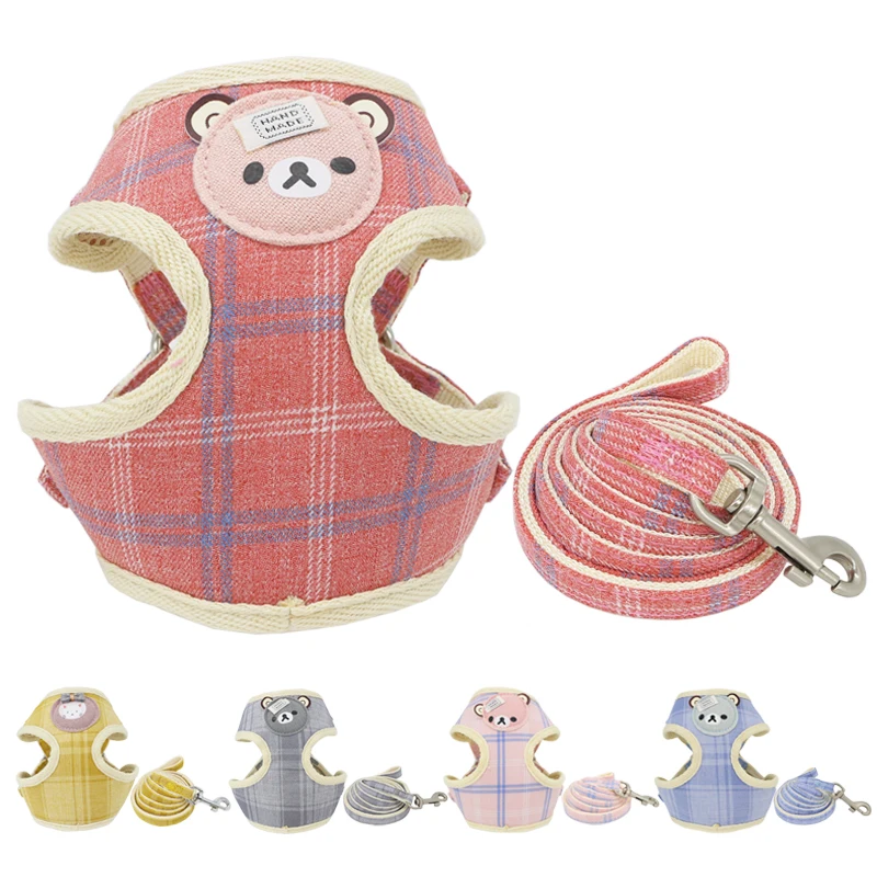 

Dog Harness Leash Set Adjustable Clip Breathable Lining Cute Cartoon Lattice For Small Medium Dog Harness Pet Leash S-M