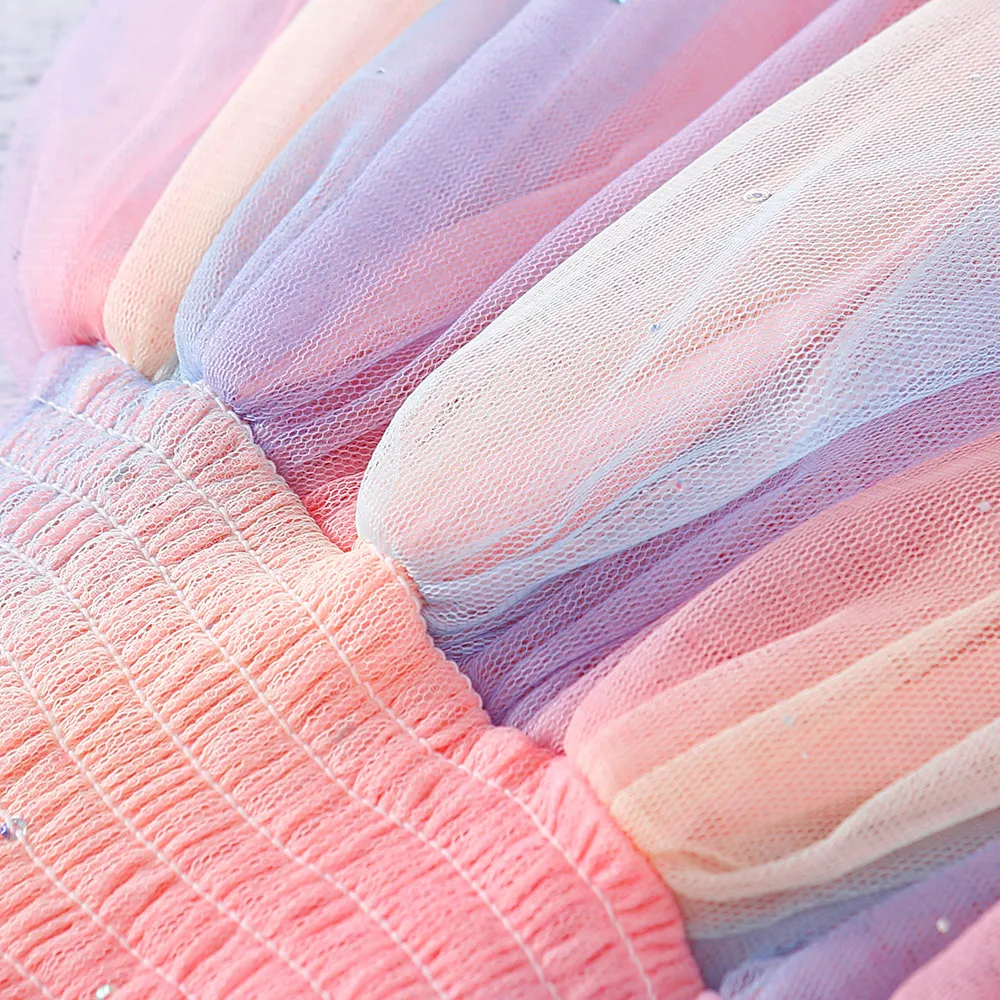 

1-6 Years Summer Baby Girls Sleeveless Suspender Puffy Dress Toddler Kids Elastic Bust Rainbow Color Mesh A-Line Princess Dress