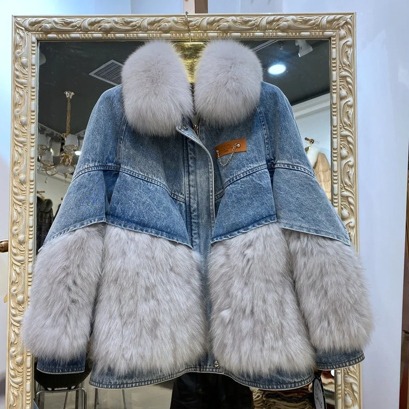 

SHZQ 2021 New Denim Jacket Parka Coats Winter Women Parkas Real Fur Collar Coat Loose Size Real Fox Fur a Style Female Clothing