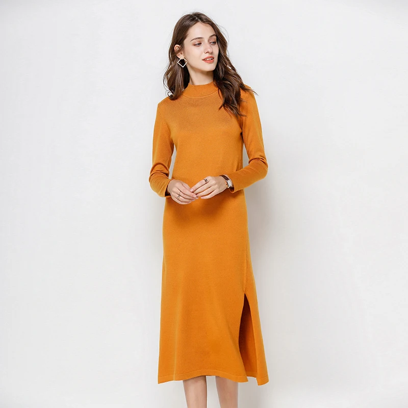 

2020 new autumn and winter sexy long dress soft feminine with long collar cashmere sweater female knitted pullovers