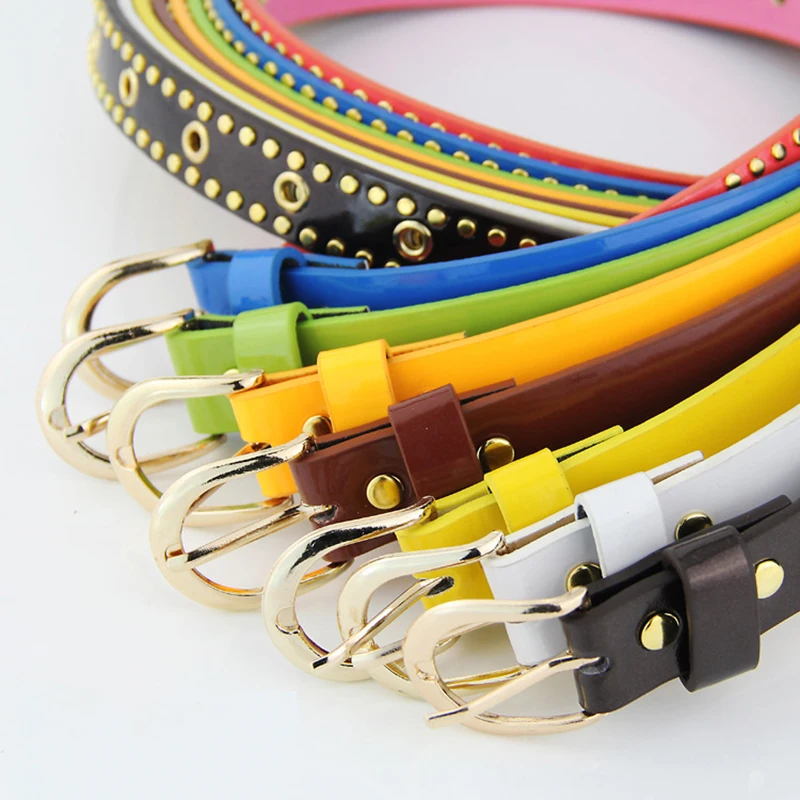 

New ladies belt PU leather alloy D-shaped female pin buckle thin belt fashion hundred matching trousers with inlaid hardware
