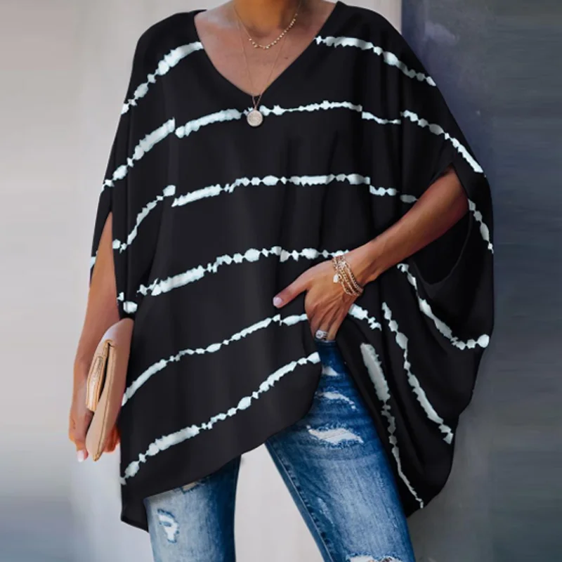 

Batwing Sleeve Women Blouse Casual V Neck Tie-dye Print Solid Color Half Sleeve Shirts Loose Hedging Streetwear Blouses