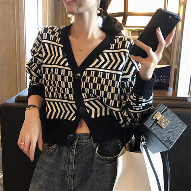 Винтажный геометрический вязаный кардиган женский модный осенне-зимний свитер