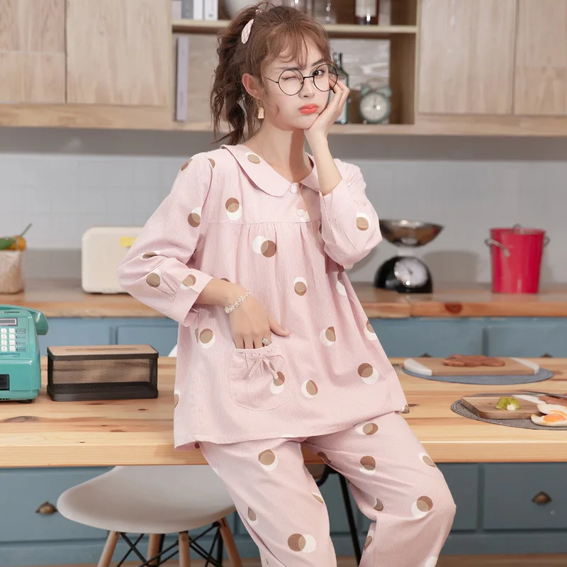 

2021 Spring Long Sleeve Pajamas Suit Doll Collar Homewear Cute Cartoon Soft Skin-Friendly Korean Nightwear Suit
