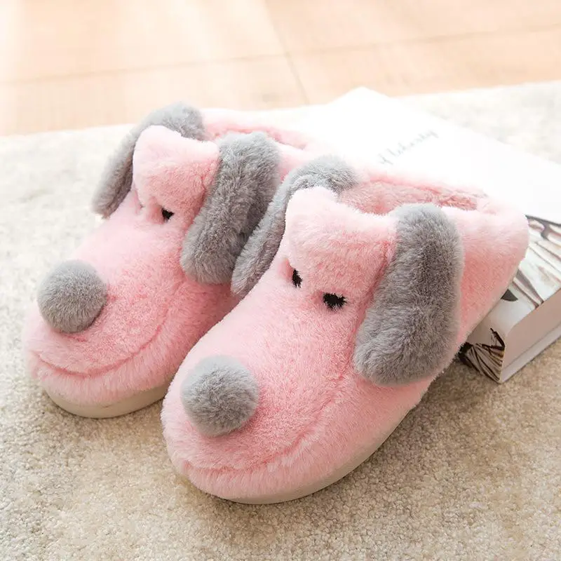 pink Женские зимние теплые меховые тапочки с рисунком собаки из мультфильма; женские хлопковые домашние тапочки с эффектом памяти для мальчиков и девочек; домашние тапочки для спальни - Цвет: pink