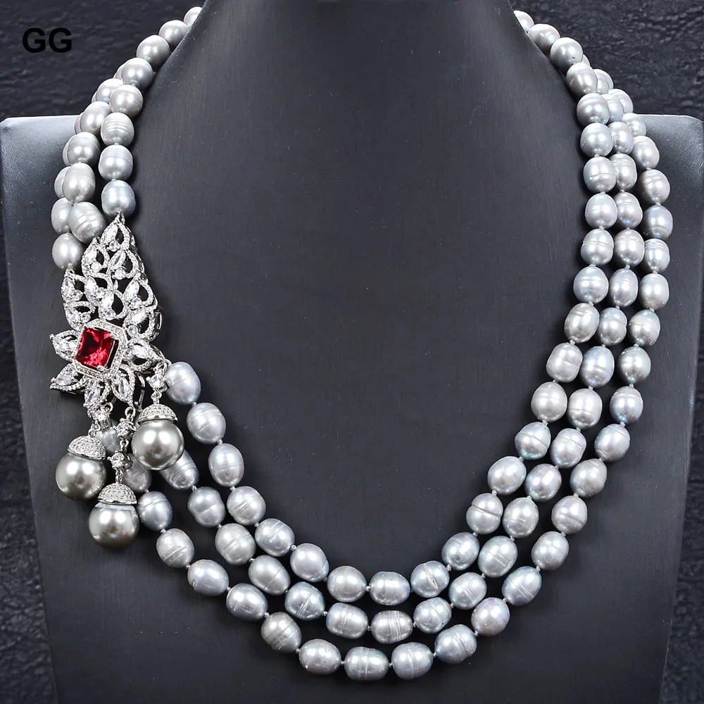 Ювелирные изделия GuaiGuai 22 дюйма 3 нити жемчужное ожерелье серого риса жемчуг