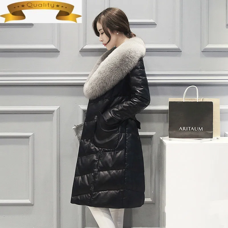 

Натуральная кожаная куртка из овчиной кожи, кожаная куртка для женщин натуральным лисьим мехом меховой воротник пуховик на утином пуху кор...