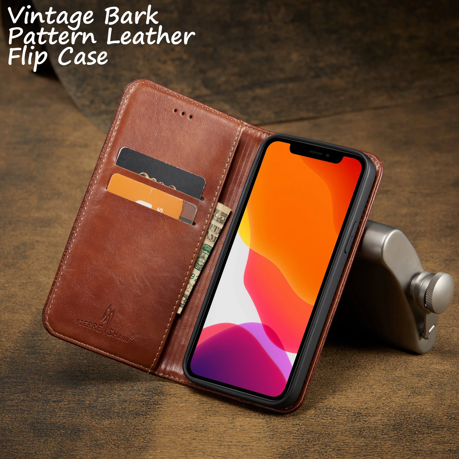 

Vintage Bark Pattern Leather Flip Case For iPhone 11 12 Pro Max Mini 7 8 Plus XR X XS MAX Wallet Coque Cover