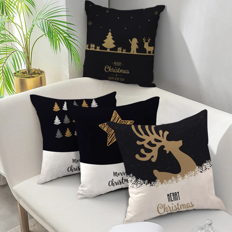 

Christmas Tree Home Throw Pillows Black Gold Xmas Tree Elk Printing Living Room Sofa Chair Decorative Pillowcases Cushion Cover