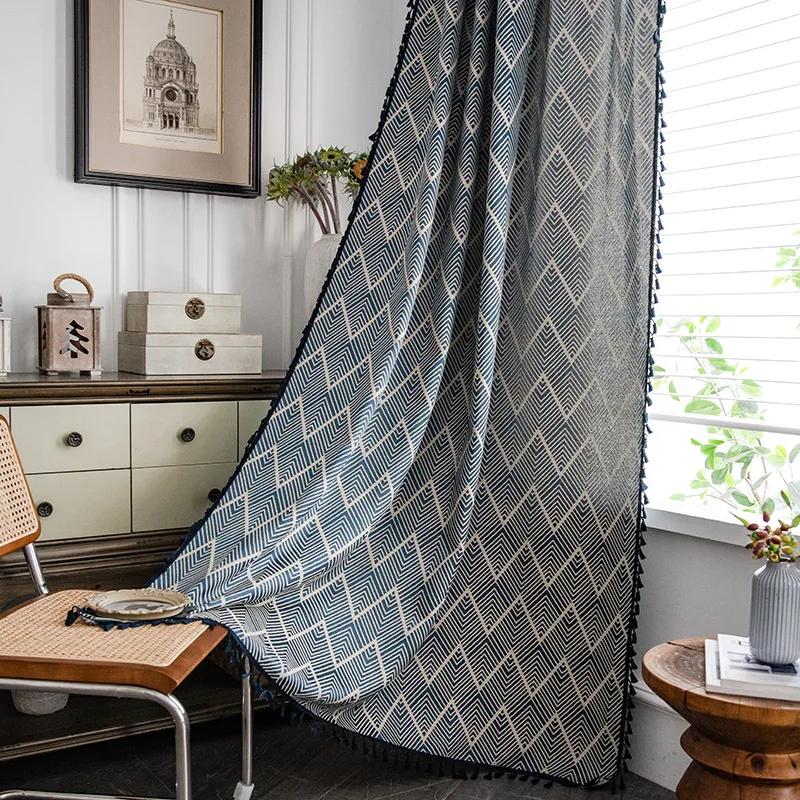 

Жаккардовые занавески в американском стиле темно-синие волнистые вязаные занавески с кисточками в богемном стиле для загородного дома Око...