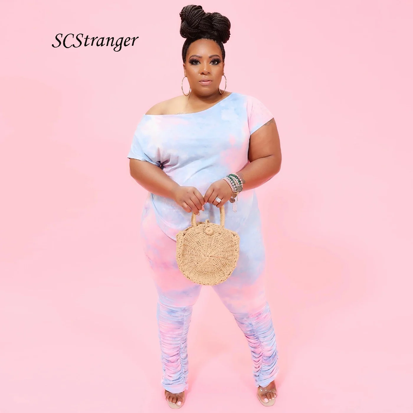 

Fashion Sexy Plus Size Two Piece Set Women Loose Casual Tie Dye Round Neck T Shirt Pleated Trousers Set Women брюки женские