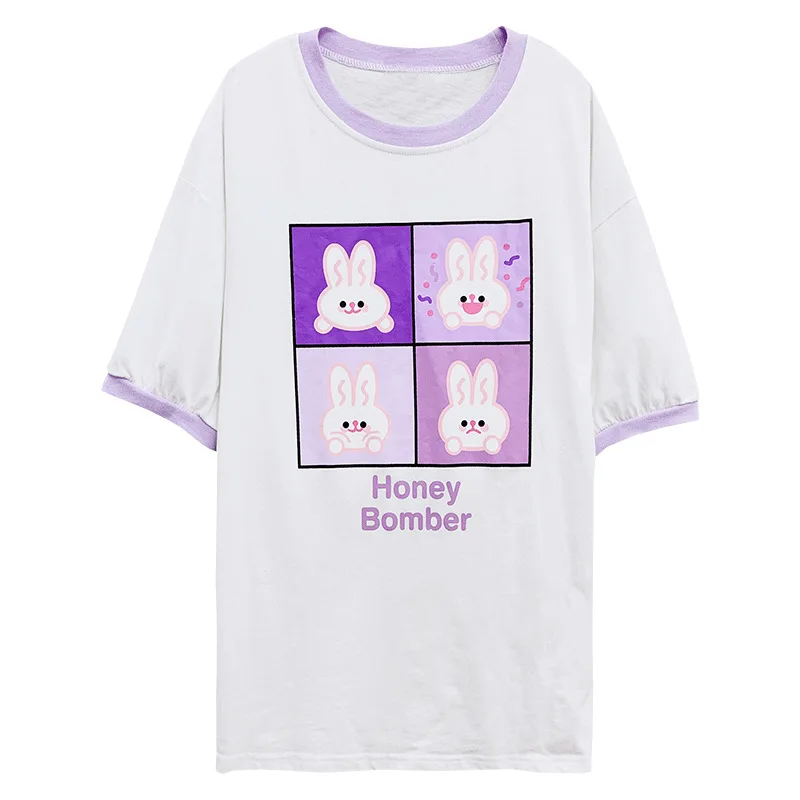 

2021 New Purple Kawaii Rabbit Graphic T Shirt Women Summer Oversized T-shirt Anime Manga Short Sleeve Sweet Cute Girl Top