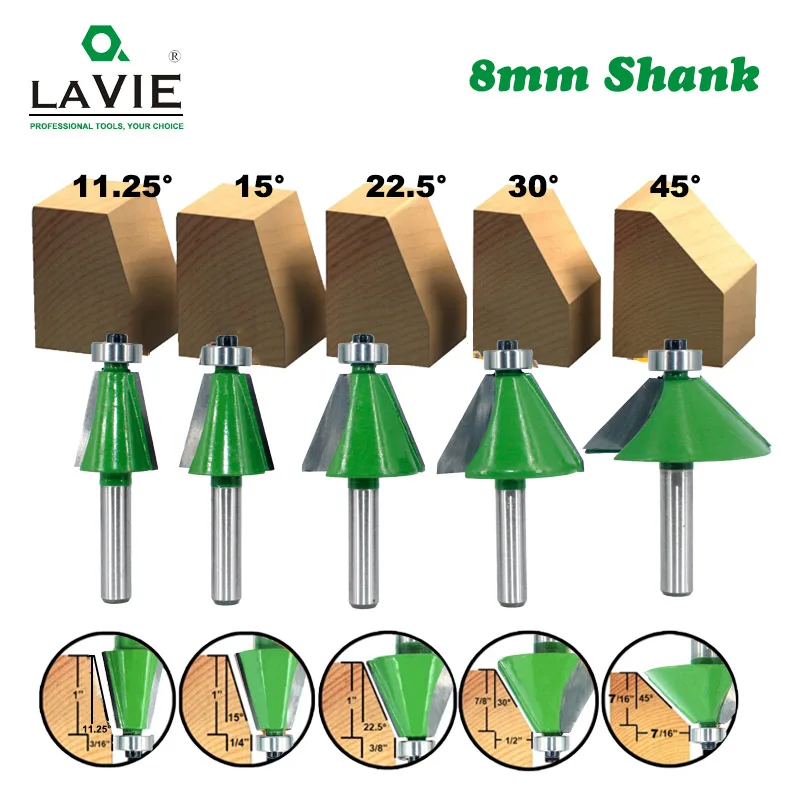 

LAVIE 1pc 8mm Shank Chamfer Router Bit 11-45 Degree Bevel Edging Milling Cutter for Wood Woodork Machine Tools
