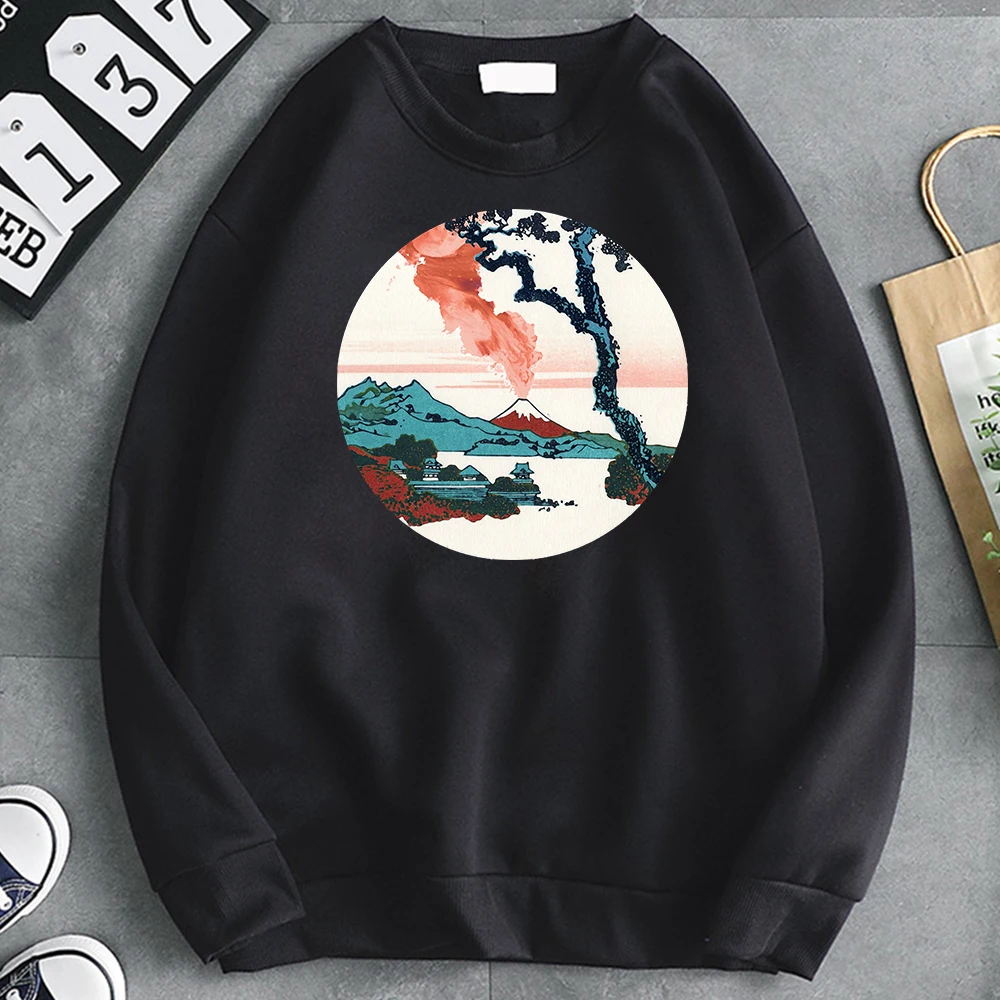 

Hoodies Sweatshirts Hokusai View Of Mount Fuji With Eruption Print Sweatshirts Fleece Soft Hoody Fashion Hip Hop Men Streetwear