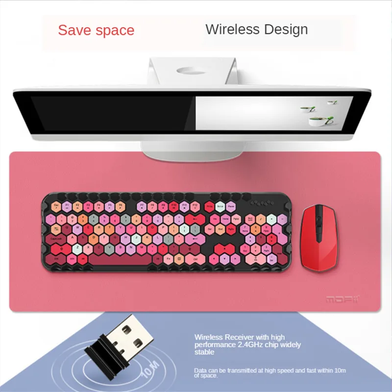 Фото Комбинированная клавиатура и мышь разные яркие цвета шестигранная Клавиатура 2 4