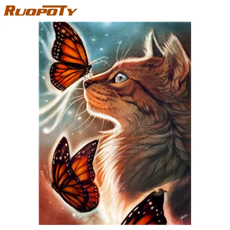 Масляная краска в рамке RUOPOTY по номерам бабочка и кошка для животных Diy Ручная