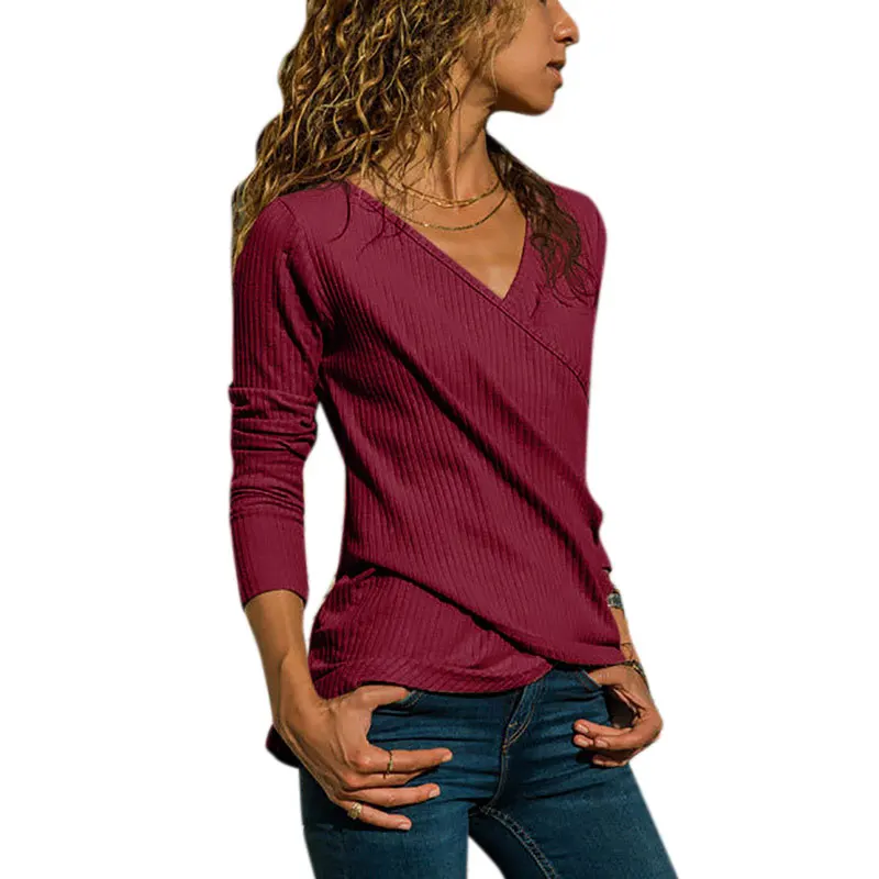 

Ribbed Cross Tshirts Women Pure Color Full Sleeve V Neck Slim Top Clothes Oversize Casual Bcsic Ladies Autumn Clothing#k