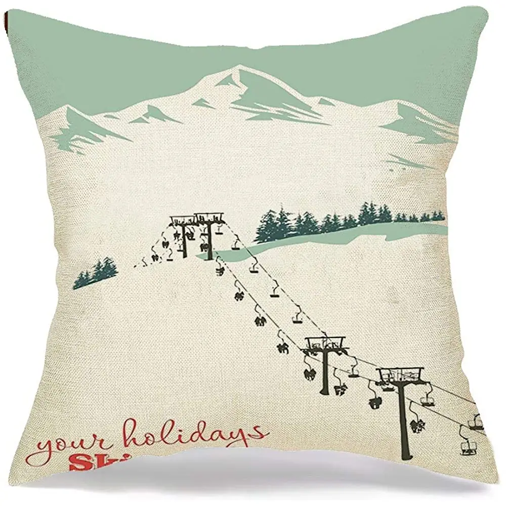 

Decorative Linen Throw Pillow Cover Cushion Case Winter Mountain Landscape Ski Lift Sports Retro Play Recreation Sportsman Hobby