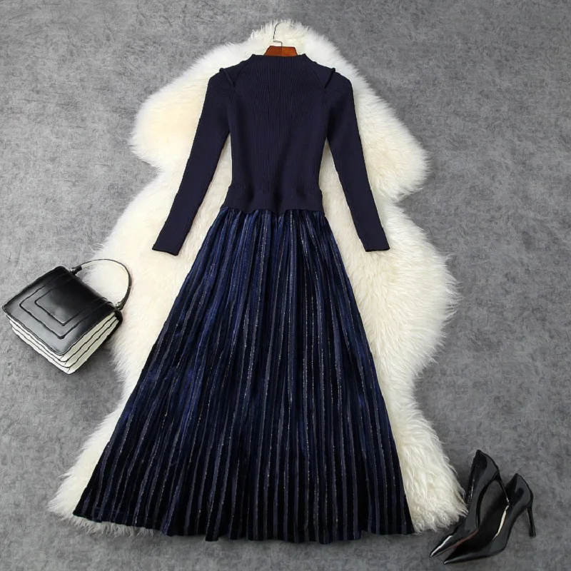 

2021 new Superior Spring quality High street casual Pleats dress women Celebrities Party dresses Knitted stitched velvet Dress