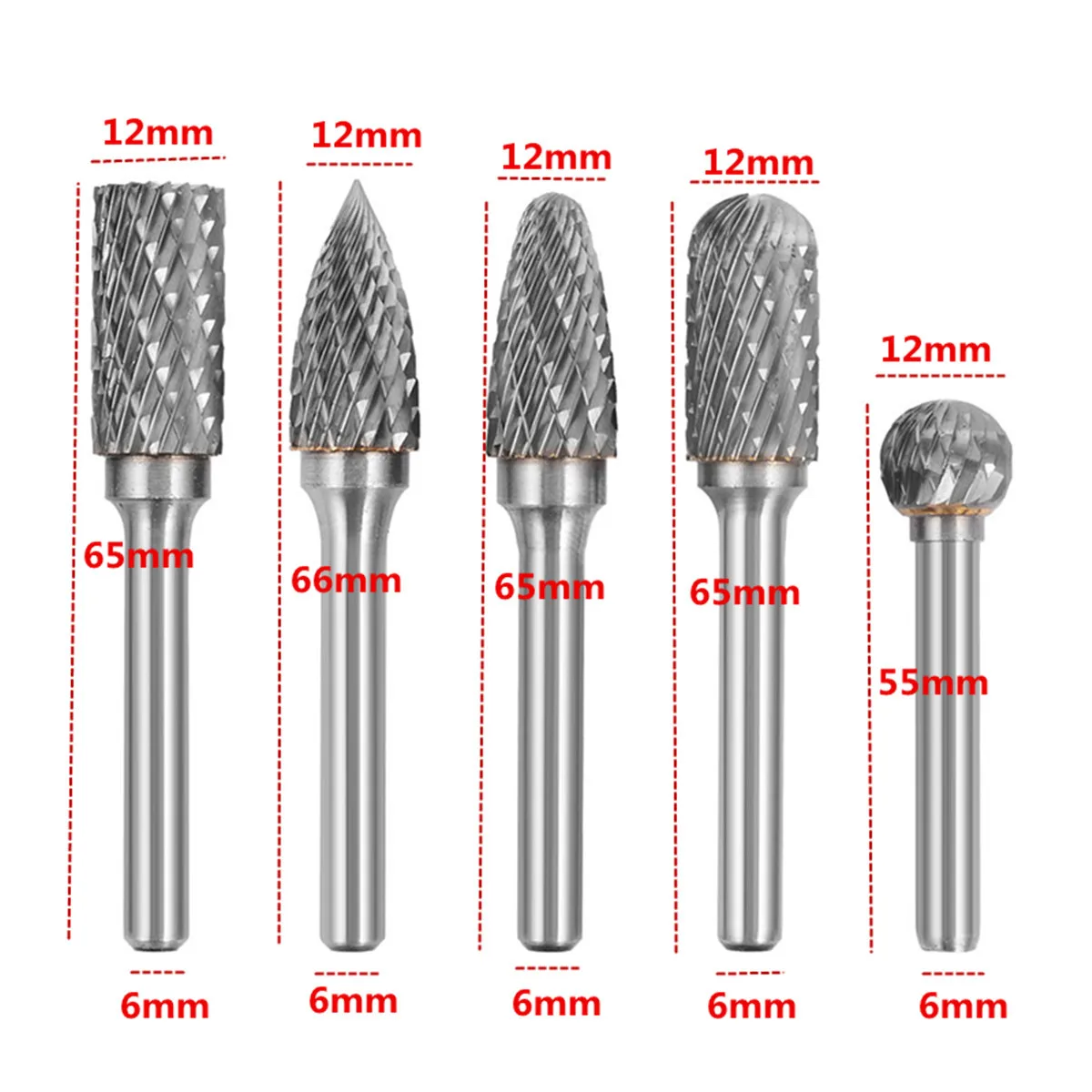 

5pcs/set 5 Head Tungsten Carbide 12mm Rotary Point Burr Die Grinder 6mm Shank Bit Kit Set