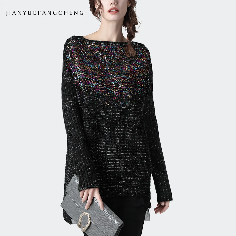 Размера плюс для женщин свитер с пайетками шерстяной трикотажный пуловер