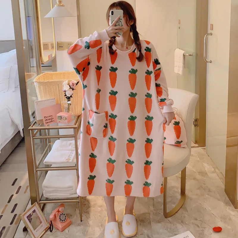 

Night skirt women winter long-sleeved loose large size thick coral fleece warm flannel home service