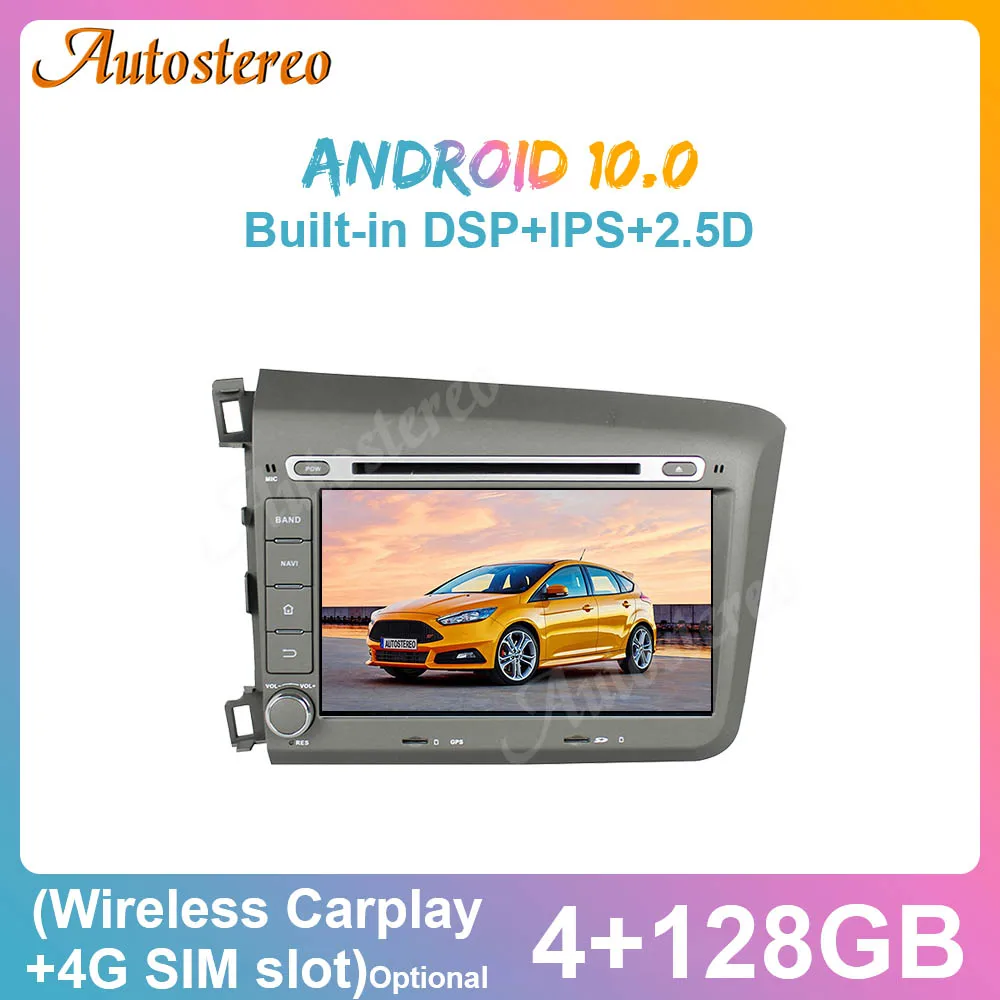 

Android 10 Carplay 4+128G IPS Screen For Honda Civic 2012 Car GPS Navigation Multimedia Player Auto Radio Tape Recorder Headunit