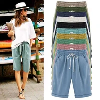 womens casual pants blended cotton shorts 2022 summer 10 solid color loose elastic waist knee length pants 8xl for 110kg weight