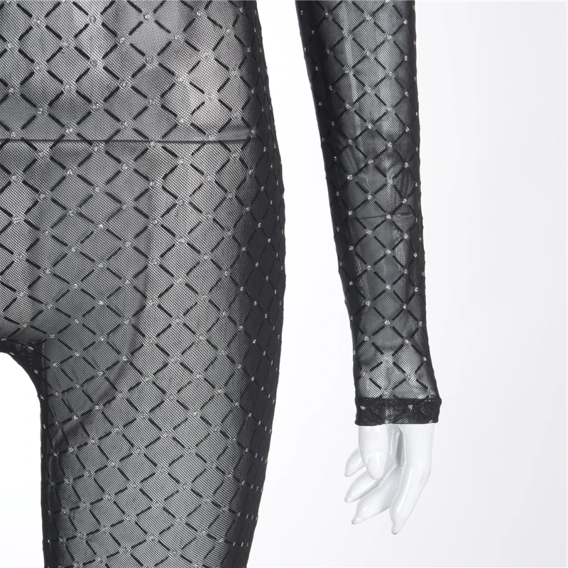 

Plugalong See Through Plaid Overalls For Women Turtleneck Female Jumpsuit Mesh Long Sleeve Bodysuits Skinny Rompers Night Club