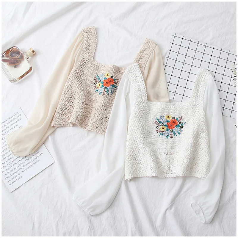 

Elegant Chiffon Blouse Women 2021 Summer Sexy Hollow Out Embroidery Smock Shirts Lace Blouses Women Femme Tops Blusas Mujer