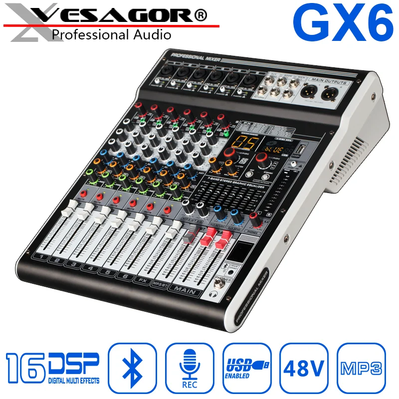 

Mixer Audio DJ Audio USB Mixer GX6 6ch Reverb 16DSP 48V Phantom Digital Display Bluetooth PC Interface Recording Mixing Console